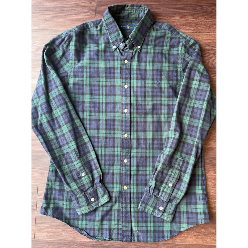 Polo Ralph Lauren Slim Fit Shirt Mens Large Green Navy Black Watch Plaid Cotton